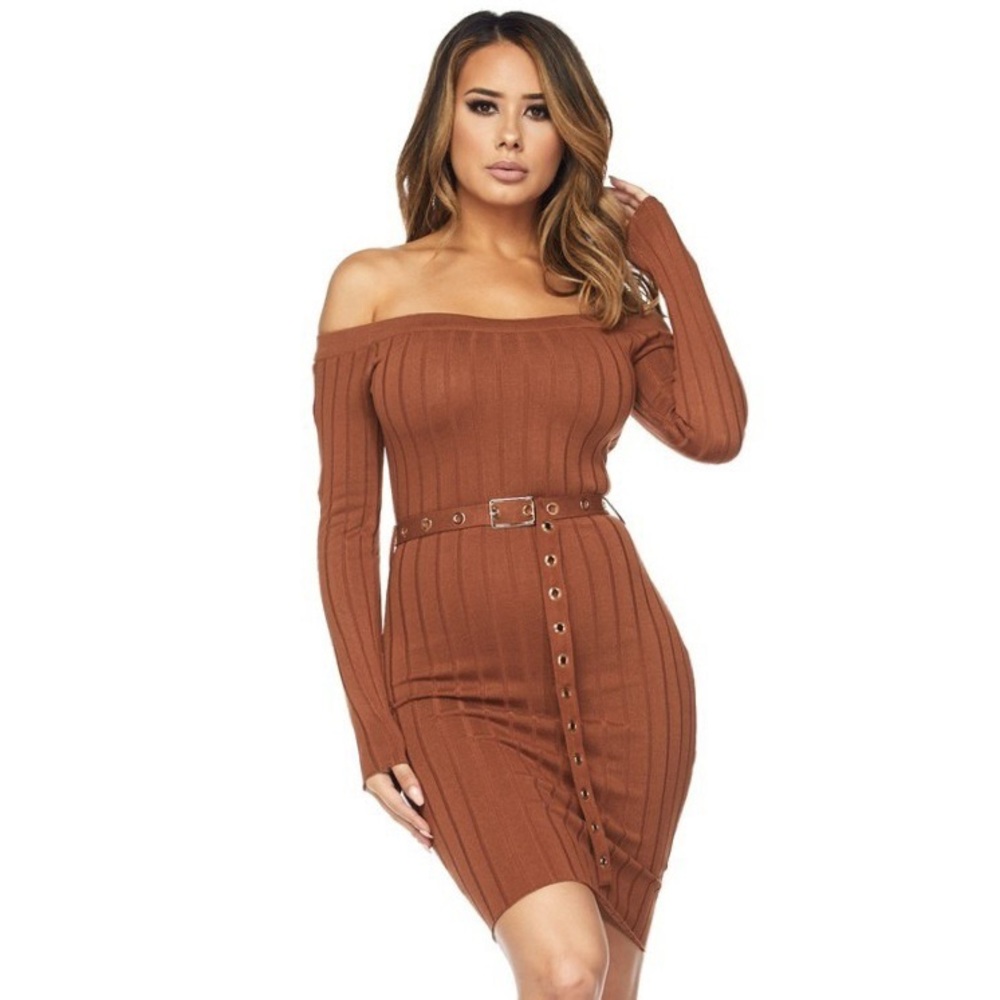 🤎LAST ONE🤎 Sexy Ribbed Knit Off Shoulder Belted Bodycon - Rust (C) - Picture 3 of 6